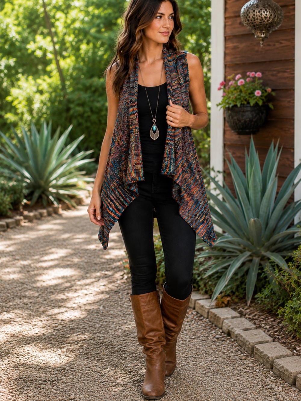 Multicolor Boho Waterfall Knit Vest Festival Hippie M